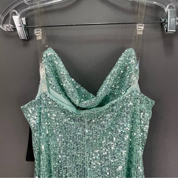 BEBE mint colour sequin slip dress draped midi with clear straps clubbing mini - Picture 7 of 12